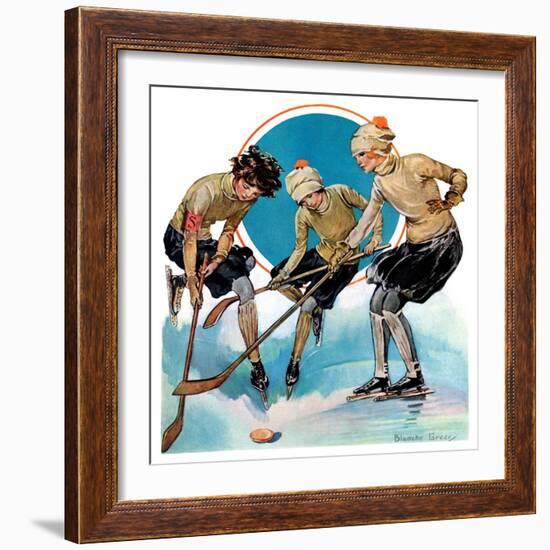 "Girls Playing Ice Hockey,"February 23, 1929-Blanche Greer-Framed Giclee Print