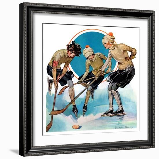 "Girls Playing Ice Hockey,"February 23, 1929-Blanche Greer-Framed Giclee Print