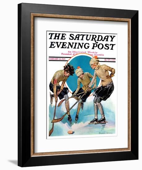 "Girls Playing Ice Hockey," Saturday Evening Post Cover, February 23, 1929-Blanche Greer-Framed Premium Giclee Print