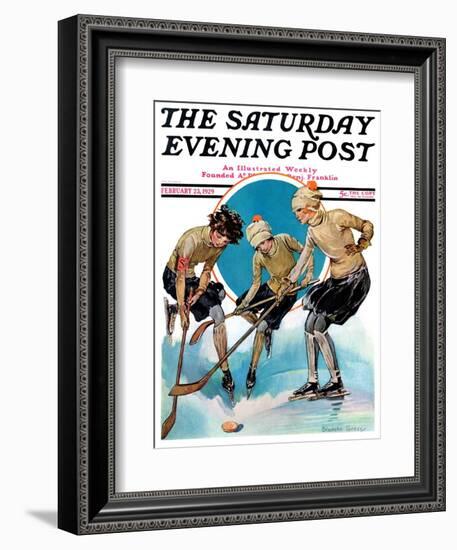 "Girls Playing Ice Hockey," Saturday Evening Post Cover, February 23, 1929-Blanche Greer-Framed Premium Giclee Print