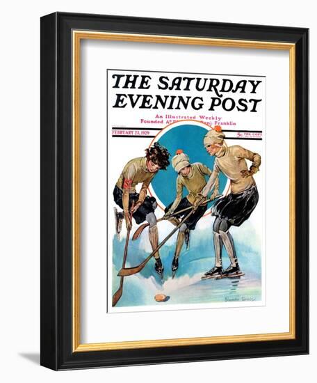 "Girls Playing Ice Hockey," Saturday Evening Post Cover, February 23, 1929-Blanche Greer-Framed Premium Giclee Print