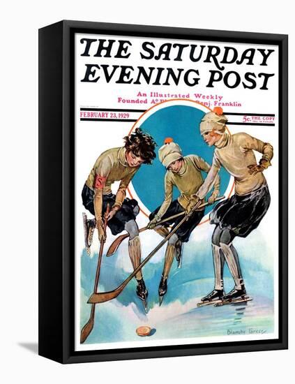 "Girls Playing Ice Hockey," Saturday Evening Post Cover, February 23, 1929-Blanche Greer-Framed Premier Image Canvas