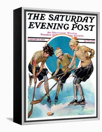 "Girls Playing Ice Hockey," Saturday Evening Post Cover, February 23, 1929-Blanche Greer-Framed Premier Image Canvas