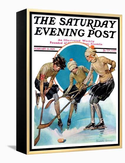 "Girls Playing Ice Hockey," Saturday Evening Post Cover, February 23, 1929-Blanche Greer-Framed Premier Image Canvas