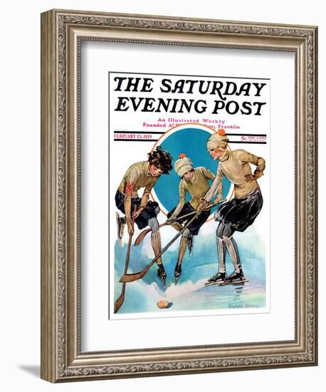 "Girls Playing Ice Hockey," Saturday Evening Post Cover, February 23, 1929-Blanche Greer-Framed Giclee Print