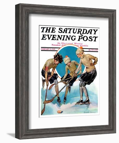 "Girls Playing Ice Hockey," Saturday Evening Post Cover, February 23, 1929-Blanche Greer-Framed Giclee Print