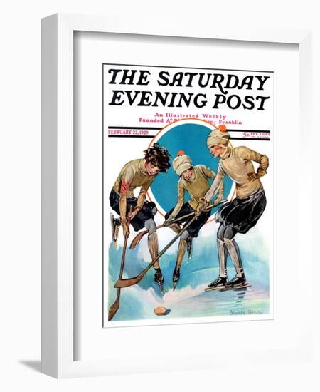 "Girls Playing Ice Hockey," Saturday Evening Post Cover, February 23, 1929-Blanche Greer-Framed Giclee Print