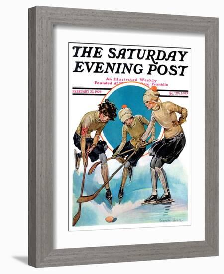 "Girls Playing Ice Hockey," Saturday Evening Post Cover, February 23, 1929-Blanche Greer-Framed Giclee Print