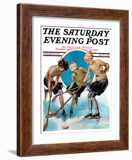 "Girls Playing Ice Hockey," Saturday Evening Post Cover, February 23, 1929-Blanche Greer-Framed Giclee Print