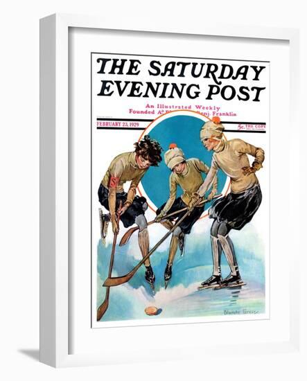 "Girls Playing Ice Hockey," Saturday Evening Post Cover, February 23, 1929-Blanche Greer-Framed Giclee Print