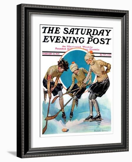 "Girls Playing Ice Hockey," Saturday Evening Post Cover, February 23, 1929-Blanche Greer-Framed Giclee Print