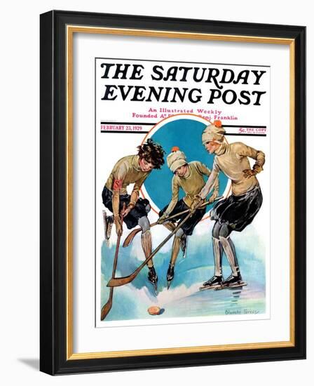 "Girls Playing Ice Hockey," Saturday Evening Post Cover, February 23, 1929-Blanche Greer-Framed Giclee Print