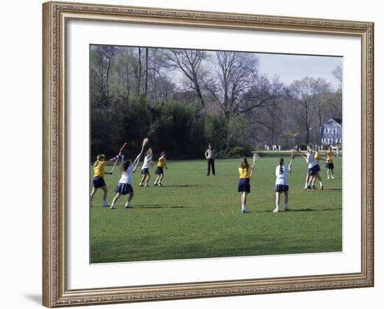 Girls Playing Lacrosse-null-Framed Photographic Print