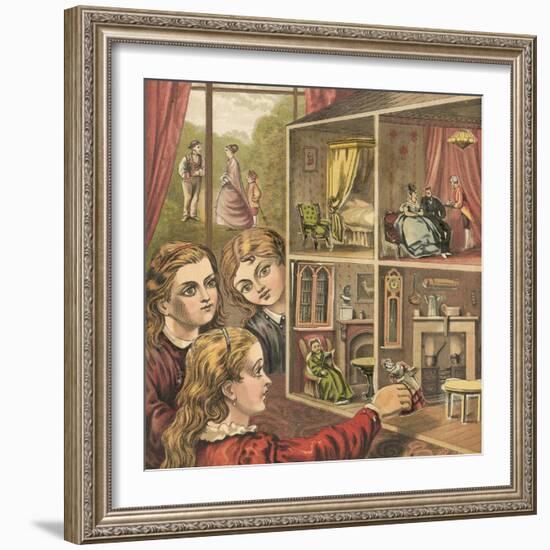 Girls Playing with a Dolls House-English School-Framed Giclee Print