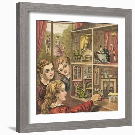 Girls Playing with a Dolls House-English School-Framed Giclee Print