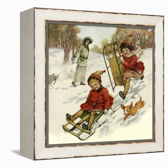 Girls Sledding with Dog-null-Framed Premier Image Canvas