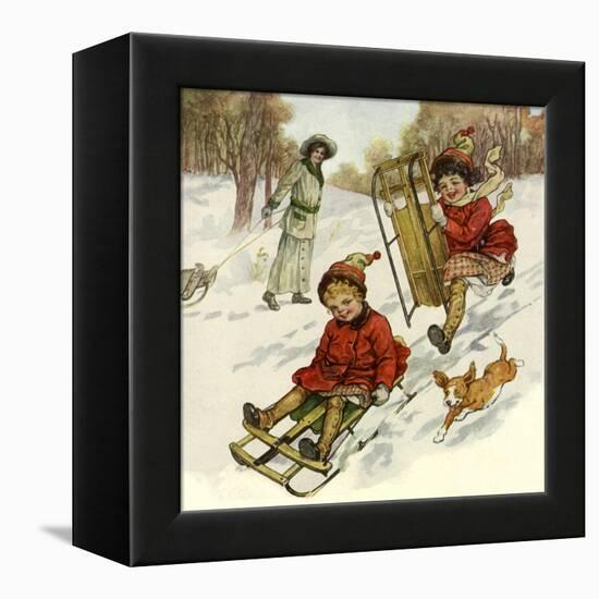 Girls Sledding with Dog-null-Framed Premier Image Canvas