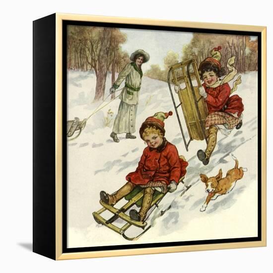 Girls Sledding with Dog-null-Framed Premier Image Canvas