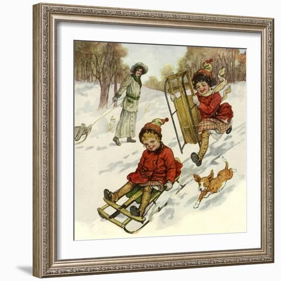 Girls Sledding with Dog-null-Framed Giclee Print