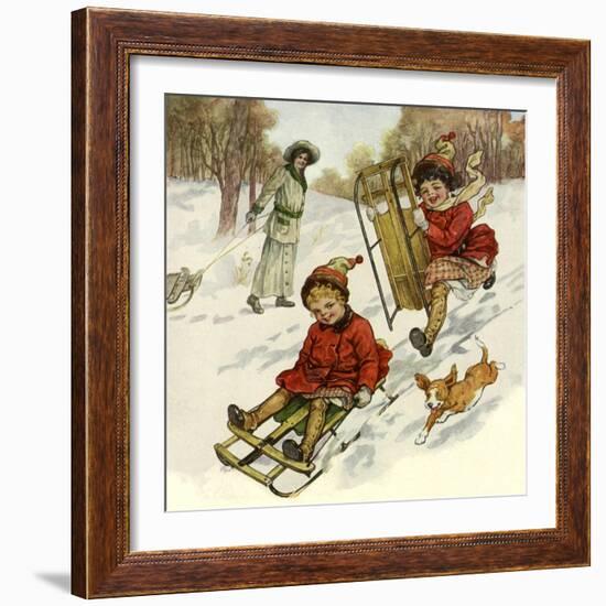 Girls Sledding with Dog-null-Framed Giclee Print