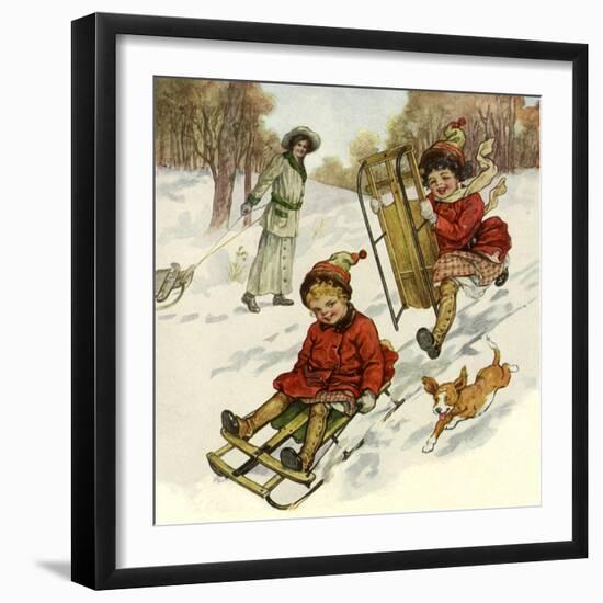 Girls Sledding with Dog-null-Framed Giclee Print