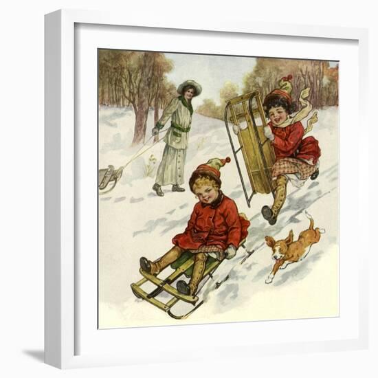 Girls Sledding with Dog-null-Framed Giclee Print