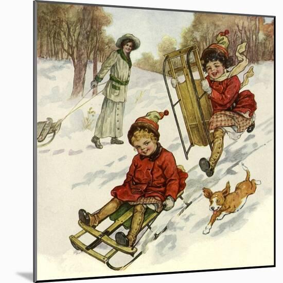 Girls Sledding with Dog-null-Mounted Giclee Print