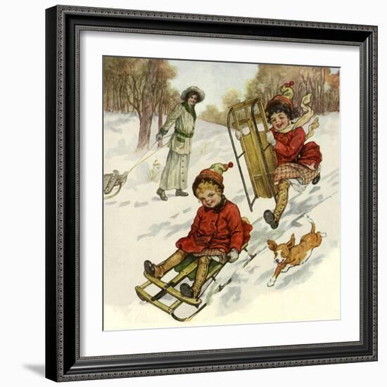 Girls Sledding with Dog-null-Framed Giclee Print