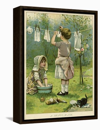 Girls Wash Dolls Clothes-null-Framed Stretched Canvas