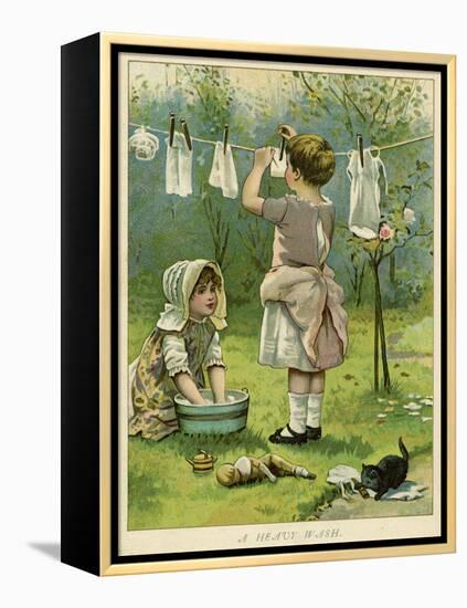 Girls Wash Dolls Clothes-null-Framed Stretched Canvas