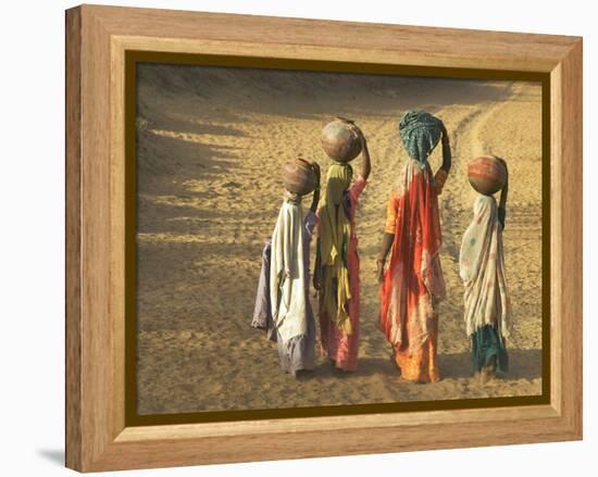 Girls Wearing Sari with Water Jars Walking in the Desert, Pushkar, Rajasthan, India-Keren Su-Framed Premier Image Canvas
