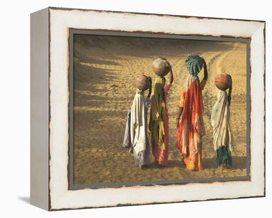 Girls Wearing Sari with Water Jars Walking in the Desert, Pushkar, Rajasthan, India-Keren Su-Framed Premier Image Canvas