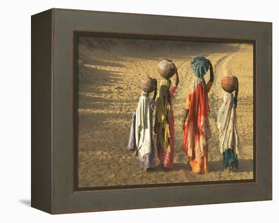 Girls Wearing Sari with Water Jars Walking in the Desert, Pushkar, Rajasthan, India-Keren Su-Framed Premier Image Canvas