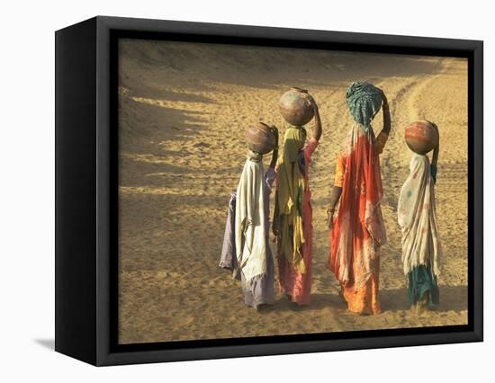 Girls Wearing Sari with Water Jars Walking in the Desert, Pushkar, Rajasthan, India-Keren Su-Framed Premier Image Canvas