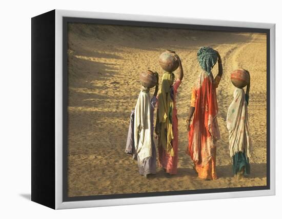 Girls Wearing Sari with Water Jars Walking in the Desert, Pushkar, Rajasthan, India-Keren Su-Framed Premier Image Canvas