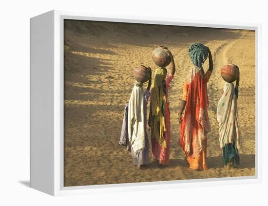 Girls Wearing Sari with Water Jars Walking in the Desert, Pushkar, Rajasthan, India-Keren Su-Framed Premier Image Canvas