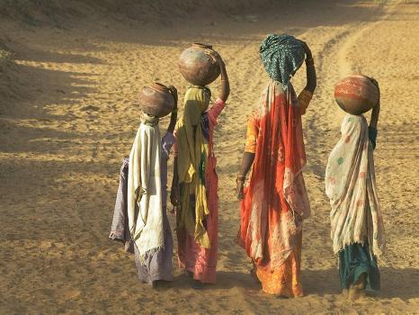 Girls Wearing Sari with Water Jars Walking in the Desert, Pushkar, Rajasthan,  India' Photographic Print - Keren Su | Art.com