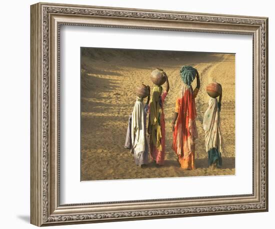 Girls Wearing Sari with Water Jars Walking in the Desert, Pushkar, Rajasthan, India-Keren Su-Framed Photographic Print