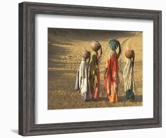 Girls Wearing Sari with Water Jars Walking in the Desert, Pushkar, Rajasthan, India-Keren Su-Framed Photographic Print