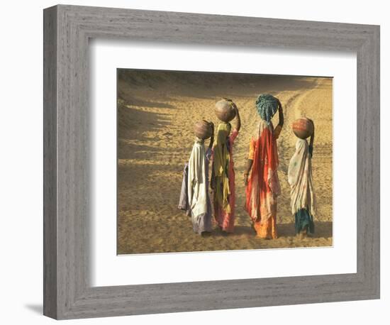 Girls Wearing Sari with Water Jars Walking in the Desert, Pushkar, Rajasthan, India-Keren Su-Framed Photographic Print