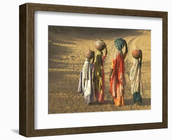 Girls Wearing Sari with Water Jars Walking in the Desert, Pushkar, Rajasthan, India-Keren Su-Framed Photographic Print