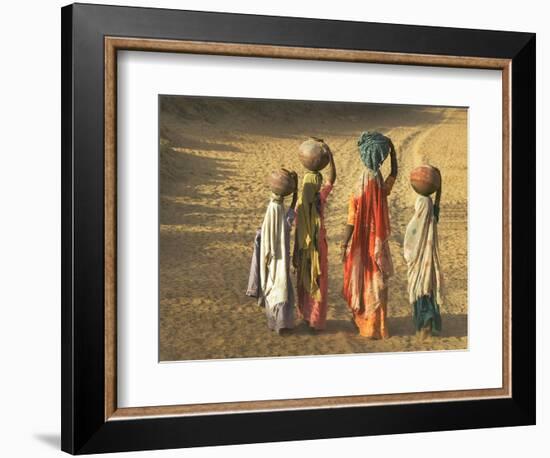 Girls Wearing Sari with Water Jars Walking in the Desert, Pushkar, Rajasthan, India-Keren Su-Framed Photographic Print