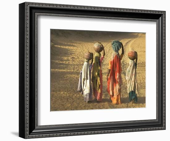 Girls Wearing Sari with Water Jars Walking in the Desert, Pushkar, Rajasthan, India-Keren Su-Framed Photographic Print