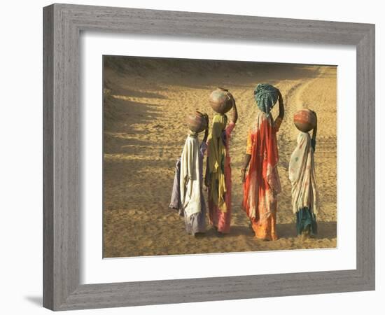 Girls Wearing Sari with Water Jars Walking in the Desert, Pushkar, Rajasthan, India-Keren Su-Framed Photographic Print