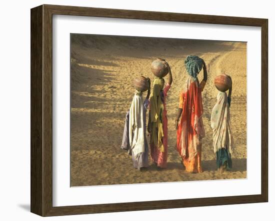 Girls Wearing Sari with Water Jars Walking in the Desert, Pushkar, Rajasthan, India-Keren Su-Framed Photographic Print