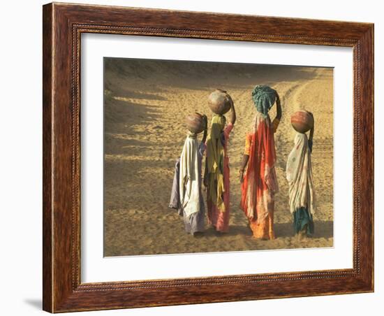 Girls Wearing Sari with Water Jars Walking in the Desert, Pushkar, Rajasthan, India-Keren Su-Framed Photographic Print