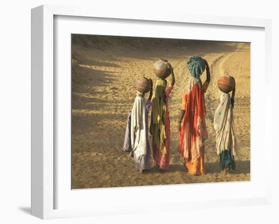 Girls Wearing Sari with Water Jars Walking in the Desert, Pushkar, Rajasthan, India-Keren Su-Framed Photographic Print