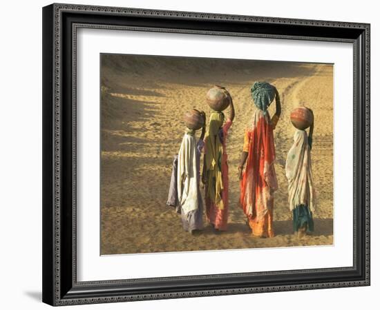 Girls Wearing Sari with Water Jars Walking in the Desert, Pushkar, Rajasthan, India-Keren Su-Framed Photographic Print