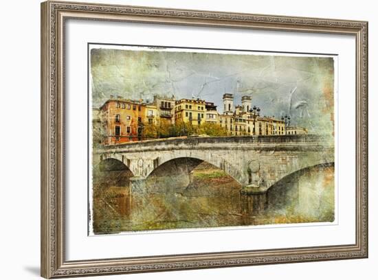 Girona, View With Bridge - Artistic Picture In Painting Style-Maugli-l-Framed Art Print