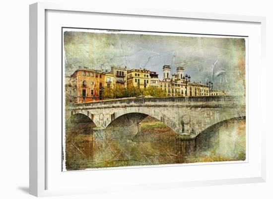 Girona, View With Bridge - Artistic Picture In Painting Style-Maugli-l-Framed Art Print